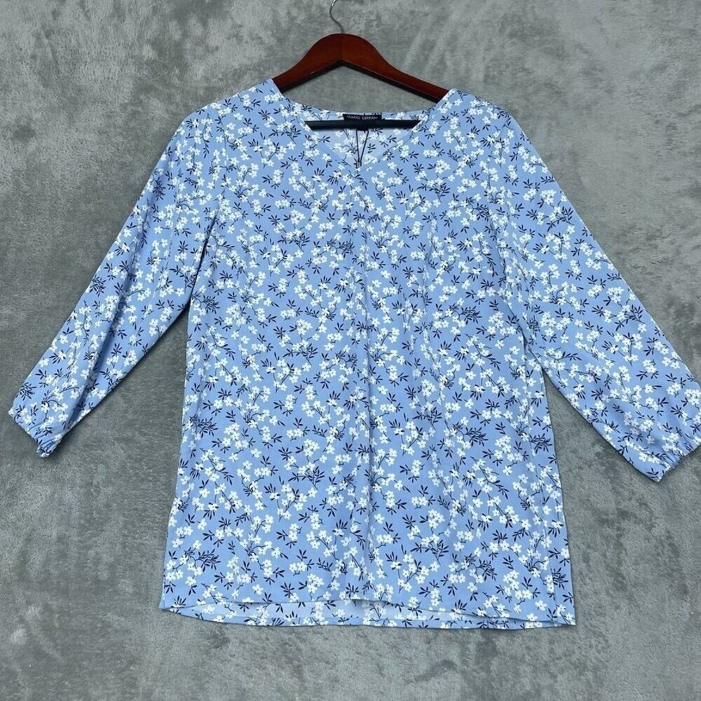 Mario Serrani Womens Floral V-Neck Tunic Top Blue Long Sleeve S d0313